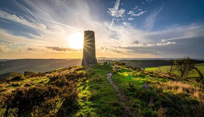 Landscape of Monumental Stone Structure on Hilltop with Sunset and Green Grass Field Under Partly Cloudy Sky at Golden Hour