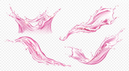 Dynamic pink liquid splashes and waves isolated on transparent background