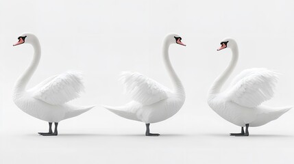 Obraz premium Three white swans standing side by side on a plain white background in a studio setting looking elegant