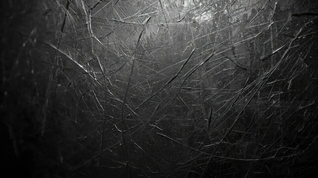 Metallic textured surface with scratches and imperfections, creating a dark and dramatic background with highlights and shadows, showcasing a blend of light and shadow and displaying a rough, aged...