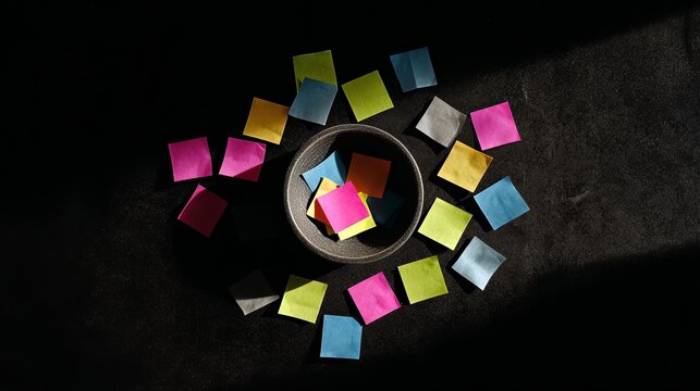 Brainstorming session using colorful sticky notes for creative project planning and organization on dark surface