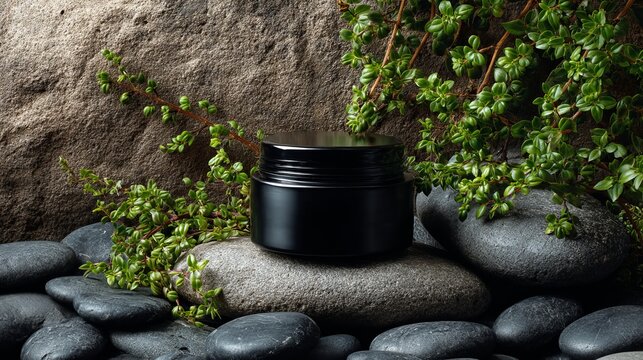 Elegant black cosmetic jar on smooth stones with vibrant green foliage for natural beauty promotion