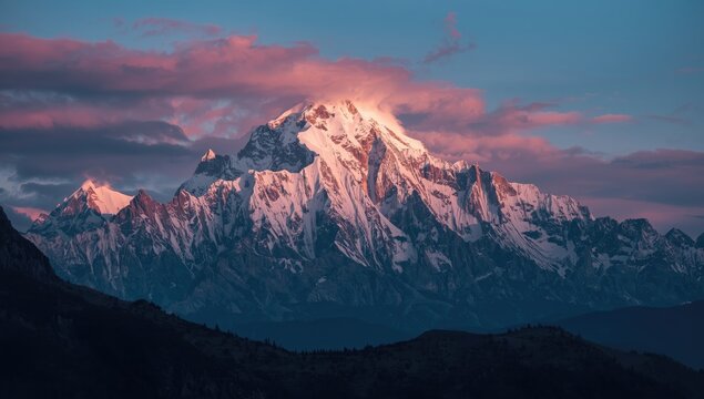 Majestic snow-capped mountain range illuminated by the warm, golden light of the setting sun, with soft pink and purple clouds drifting across the vibrant, clear blue sky at dusk.