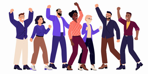 Diverse group of people celebrating together with raised fists in a show of unity and success