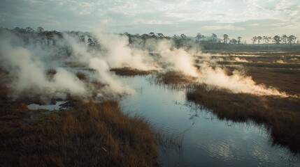 Mystical swamp mist rises over tranquil water at dawn, creating an ethereal, serene natural landscape scene.