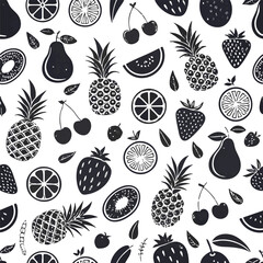 Black and White Fruit Pattern: Pineapples, Strawberries, Cherries, Pears, and Citrus