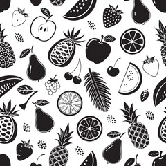 Black and White Fruit Pattern: Strawberries, Apples, Pears, Pineapples, and Citrus