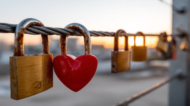 A red heart is hanging from a chain of locks