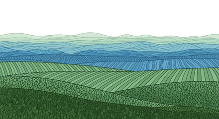 Abstract illustration of undulating farmland and gentle hills, showcasing a serene natural landscape with layered fields and a distant horizon in a harmonious blend of green and blue hues © Muflif