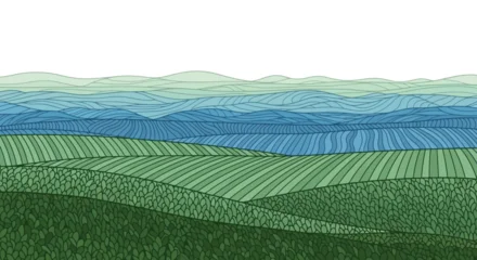 Gardinen Olive Abstract illustration of undulating farmland and gentle hills, showcasing a serene natural landscape with layered fields and a distant horizon in a harmonious blend of green and blue hues  © Muflif