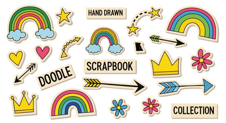 Whimsical collection of hand-drawn doodle stickers featuring colorful rainbows, stars, hearts, and arrows, perfect for scrapbooking and creative projects