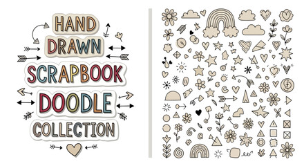 Hand-drawn doodle vector collection for scrapbooking. Features playful stars, hearts, arrows, flowers, clouds, and rainbows, ideal for creative projects