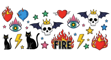 Collection of vibrant alternative graphic stickers featuring edgy skulls, flaming hearts, mystic eyes, and cool black cats, perfect for expressive digital designs and merchandise