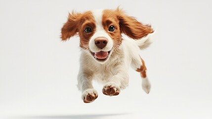 A happy springer spaniel puppy running towards the camera on a clean white background in a studio shot