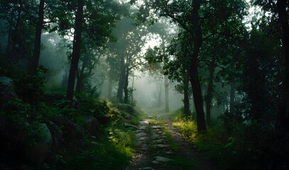 Ethereal Forest Road Tunnel with Dramatic Sunbeams Filtering Through Lush Green Summer Trees