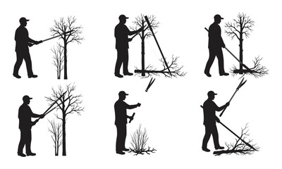Obraz premium Tree Pruning Silhouettes, Gardening Tools, Arborist Techniques, Shrub Maintenance, Landscaping Work, Outdoor Labor, Seasonal Cleanup, Black Figures, Visual Instruction