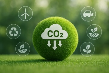 Green eco-friendly sphere with CO2 reduction symbol surrounded by sustainable energy and environment icons on blurred natural background. Ai generative