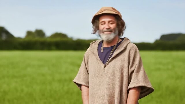 A man wearing a brown jacket and hat is smiling. He is standing in a field with a blue sky in the background
