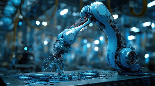 Robotic Arm in Modern Automated Factory Setting with Industrial Machinery and High-Tech Equipment