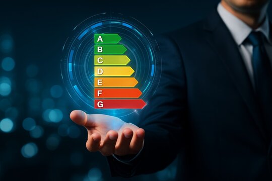 Businessman presenting colorful energy efficiency rating chart with futuristic interface graphics, representing eco-friendly energy concept visualization. Ai generative