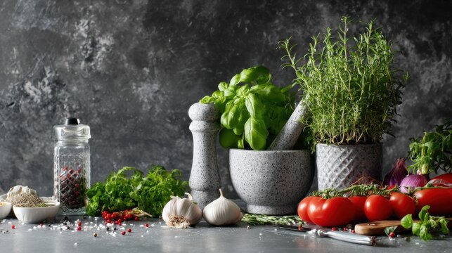 Fresh herbs and vegetables on a kitchen countertop with garlic, tomatoes, and spices in stylish containers for culinary preparation - Powered by Adobe