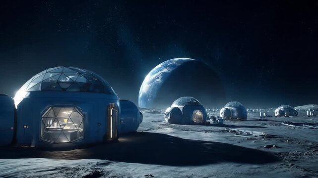 Futuristic colony with dome habitats on moon. Earth in distance highlights science mission. Base supports future astronaut exploration. Habitat design focused on future life and moon science