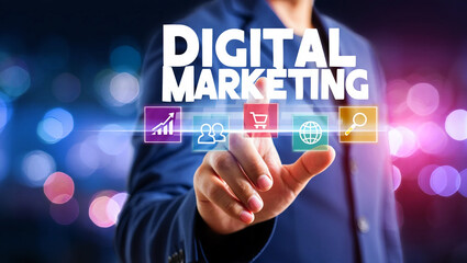 Person touching digital marketing icons with blurred lights background hand screen