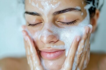 Close-up beauty shot of a young woman with eyes closed, gently washing her face with a rich, foamy cleanser. The image highlights fresh, glowing skin and personal hygiene, set against a bright, clean