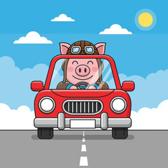A cheerful cartoon pig wearing an aviator hat and goggles is happily driving a bright red car down a road on a sunny day, creating a whimsical scene.