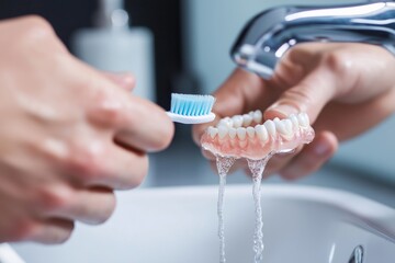 A close-up of hands cleaning dentures under running water using a toothbrush. The image highlights the importance of dental hygiene and maintenance of oral prosthetics.