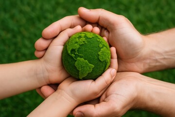 Hands of adult and child holding a green textured Earth globe symbolizing eco awareness, sustainability, and care for environment on grass background. Ai generative