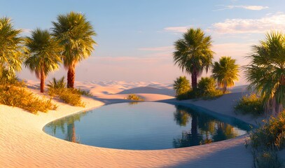 Perfectly Circular Desert Oasis Pool with Palm Tree Reflections Framed by Soft Sand Dunes at Golden Hour