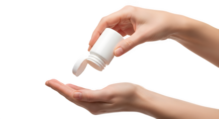 Female hands pouring medicine or supplements from a blank white bottle on white background