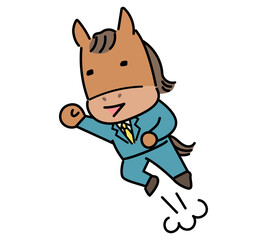跳んでガッツポーズをする馬のキャラクター