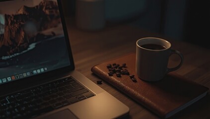 image of a cup filled with dark coffee, resting on a brown leather notebook, alongside scattered coffee beans and a laptop computer with a detailed display.