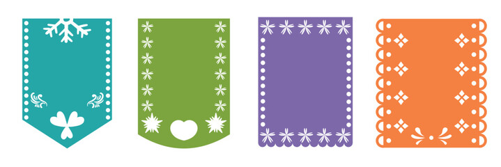 Mexican papel Picado collection with floral template . Design for cinco de mayo event. Cultural Celebrations. Vector illustration. EPS 10