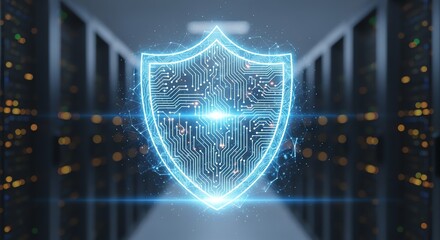 Digital shield glowing with data protection in a server room