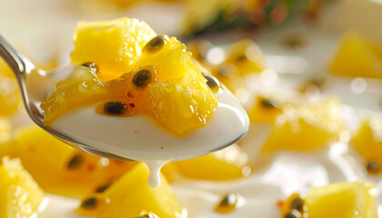 Spoonful of yogurt with diced pineapple and passion fruit seeds macro close-up