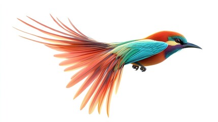 Obraz premium Illustration of a colorful bird in flight with a long tail on a white background isolated
