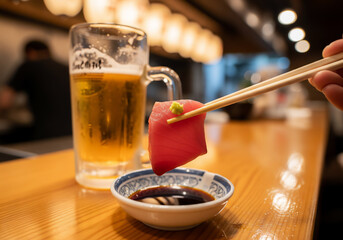 至福の夜：新鮮マグロの刺身と冷たいビールで乾杯