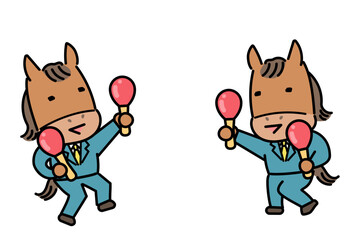 マラカスを持って楽しく踊る二頭の馬のキャラクター