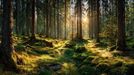 Obraz premium Sunlight Streaming Through Forest Canopy Illuminating Lush Green Undergrowth