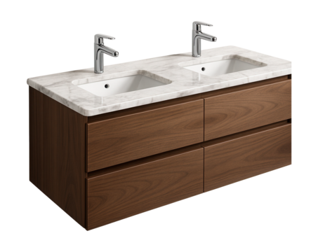 A double-sink vanity unit with a marble top, ideal for family bathrooms.