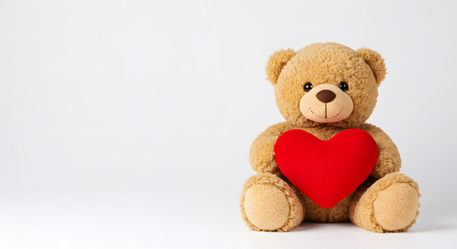 Light brown teddy bear  holding a red heart isolated on white background. Valentine's Day.