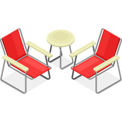 Two Red Folding Beach Chairs and a Small Round Table in a Studio Setting with a White Background