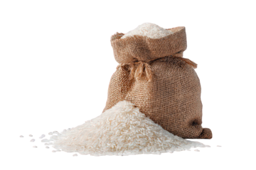 Close Up of White Rice Spilled from a Burlap Sack on Black Background