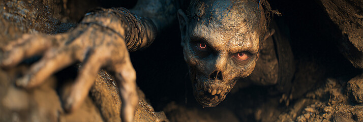 Extreme close-up of a terrifying humanoid monster with glowing red eyes emerges from muddy cave, a hyper-realistic Halloween horror scene with cinematic lighting and eerie details. Generative Ai.