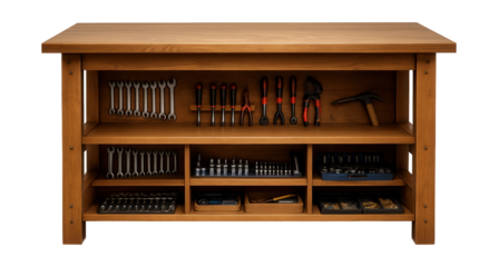 Spacious wooden workbench with storage shelves, ideal for organizing tools in a garage.