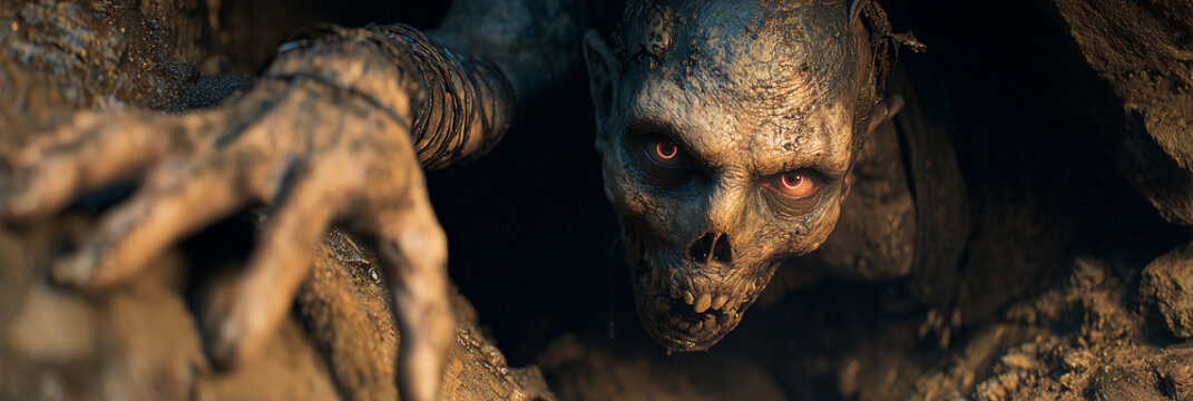 Extreme close-up of a terrifying humanoid monster with glowing red eyes emerges from muddy cave, a hyper-realistic Halloween horror scene with cinematic lighting and eerie details. Generative Ai.