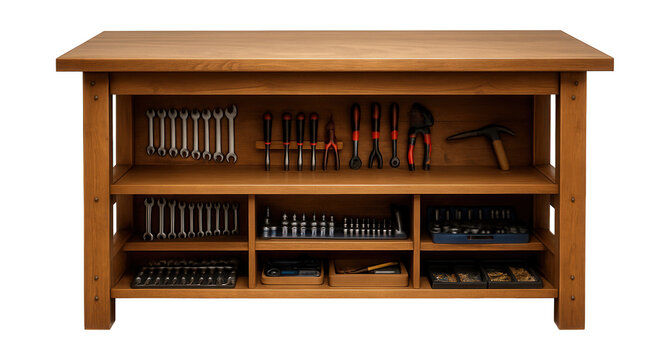 Spacious wooden workbench with storage shelves, ideal for organizing tools in a garage.